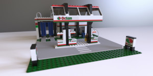 FluidRay RT real-time photo-realistic rendering of a lego gas station