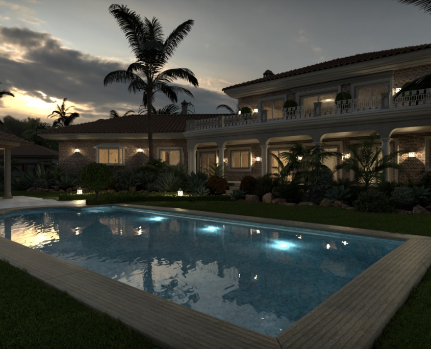 Night Pool Render with FluidRay