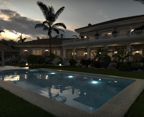 Night Pool Render with FluidRay