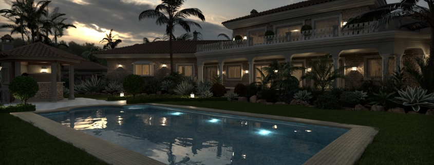 Night Pool Render with FluidRay