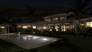 Exterior Architectural Render at night with FluidRay