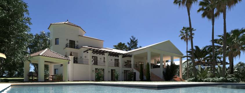 FluidRay exterior render with pool