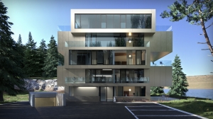 Mountain lake exterior render with FluidRay